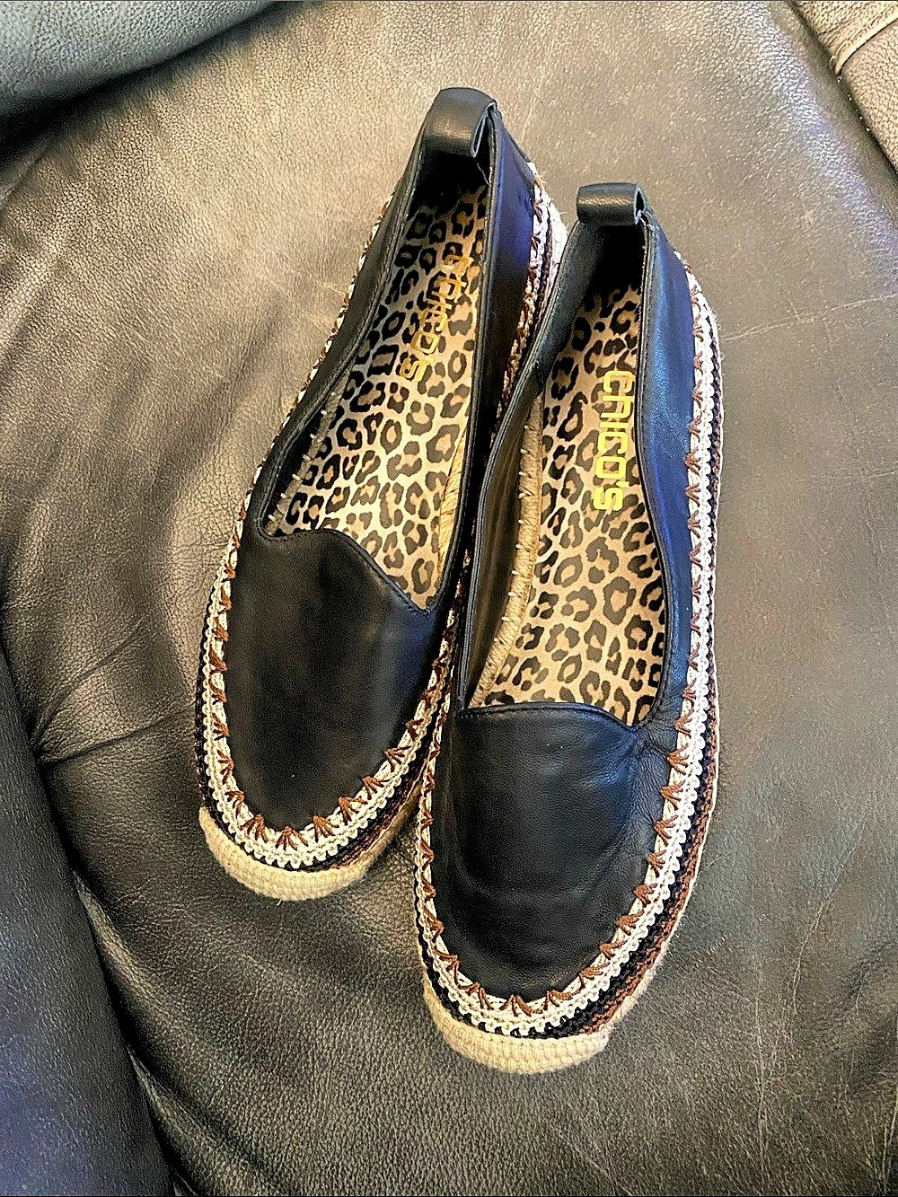BNWNT Chico's Crocheted and Leather Espadrille Slip-On Flats in Black & Tan US 7